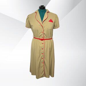Vintage 1980s Tan Uniform-Style Dress with Red Accents and Belt - Size 14